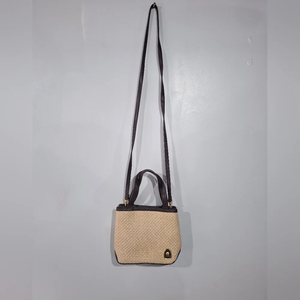Etienne Aigner Woven Purse Handbag Shoulder Bag With Matching Mirror Tan Brown